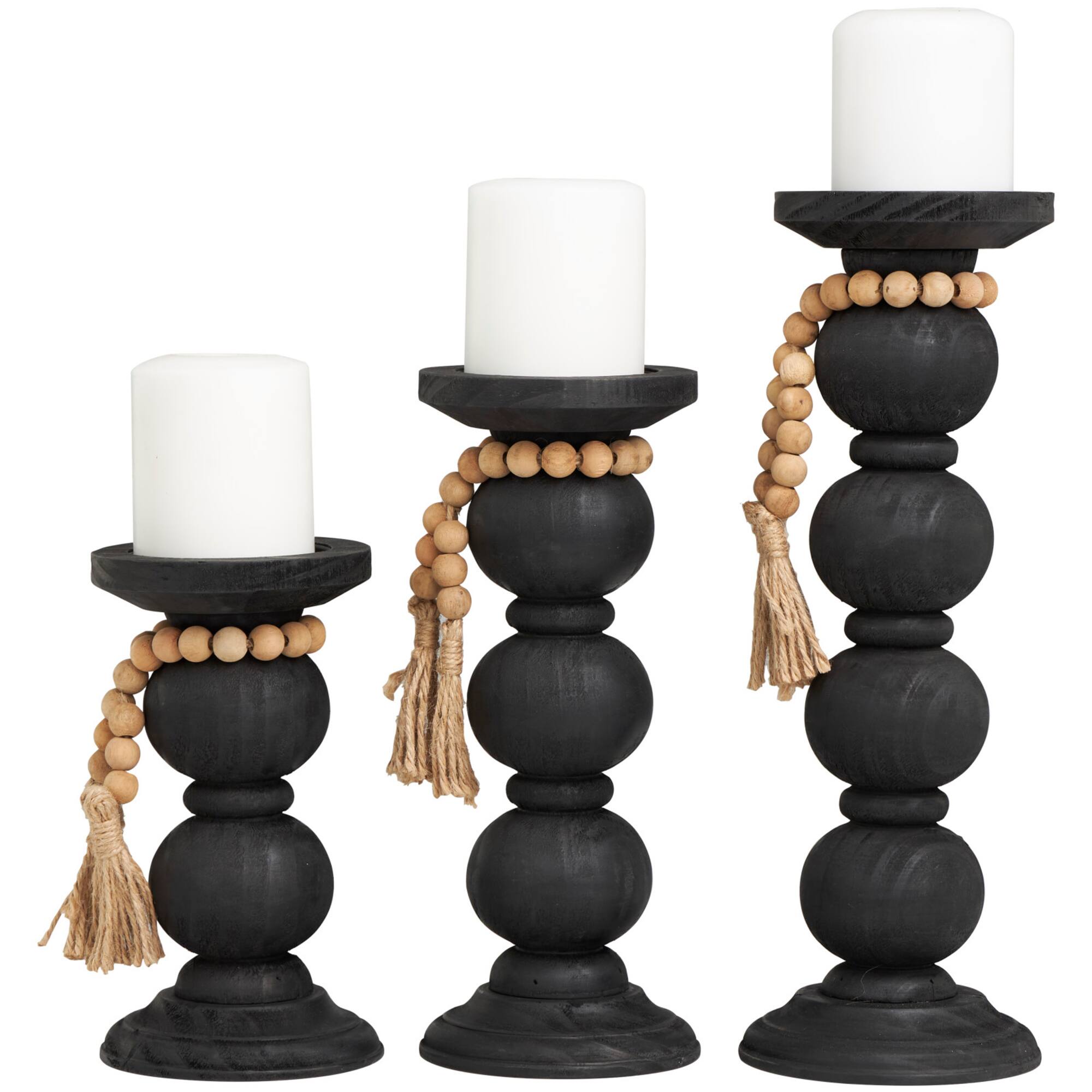 Black Wood Handmade Bubble Inspired Matte Candle Holder with Beaded Garland Set
